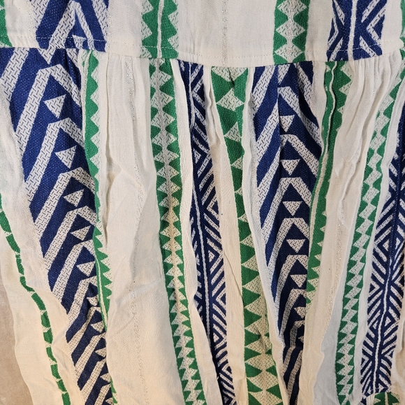 THML Flutter Fringe Sleeve Square Neck Chevron Print Blue Green Dress Size M - Picture 5 of 14